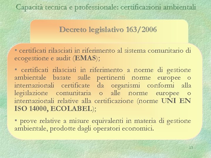 Capacità tecnica e professionale: certificazioni ambientali Decreto legislativo 163/2006 • certificati rilasciati in riferimento