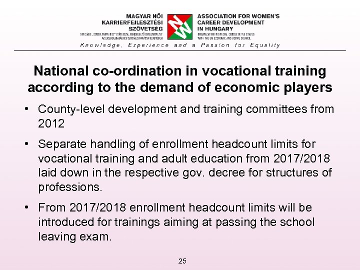 National co-ordination in vocational training according to the demand of economic players • County-level