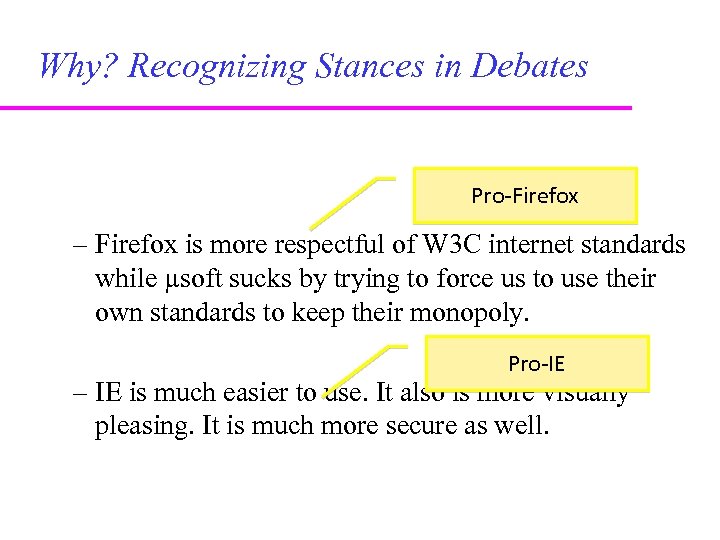 Why? Recognizing Stances in Debates Pro-Firefox – Firefox is more respectful of W 3