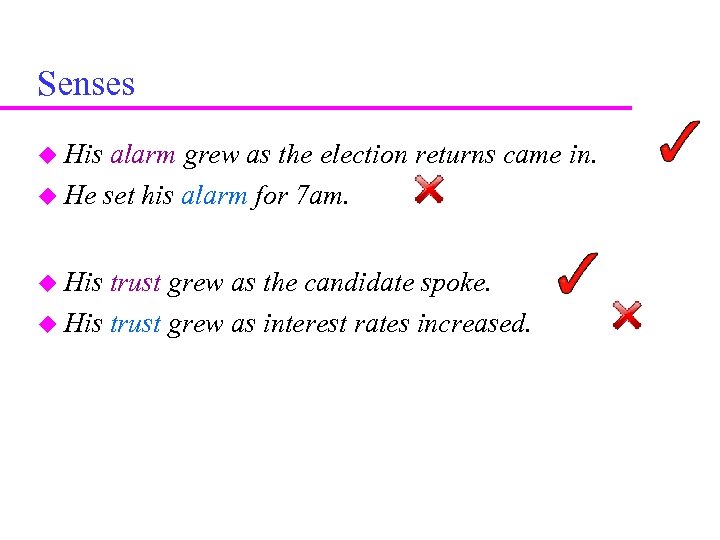 Senses His alarm grew as the election returns came in. He set his alarm