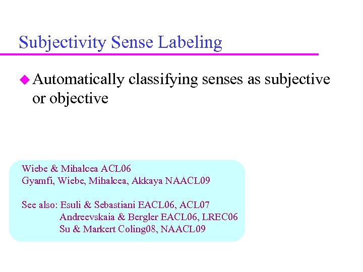 Subjectivity Sense Labeling Automatically classifying senses as subjective or objective Wiebe & Mihalcea ACL