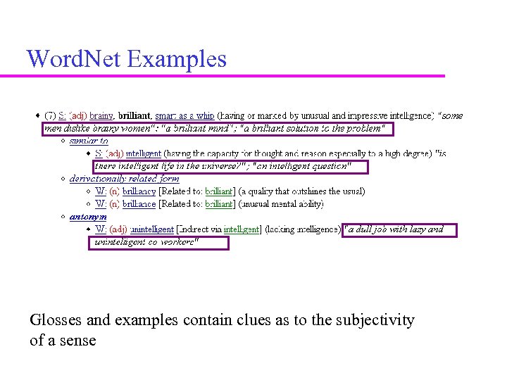 Word. Net Examples Glosses and examples contain clues as to the subjectivity of a