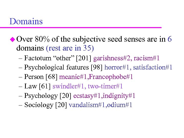 Domains Over 80% of the subjective seed senses are in 6 domains (rest are
