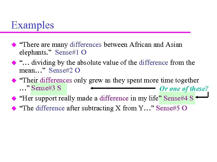 Examples “There are many differences between African and Asian elephants. ” Sense#1 O “…