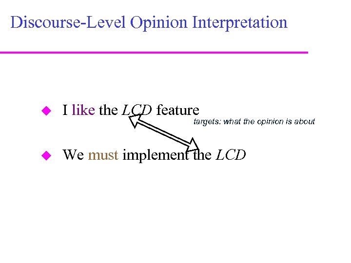 Discourse-Level Opinion Interpretation I like the LCD feature We must implement the LCD targets: