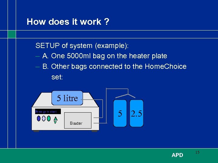 How does it work ? SETUP of system (example): – A. One 5000 ml