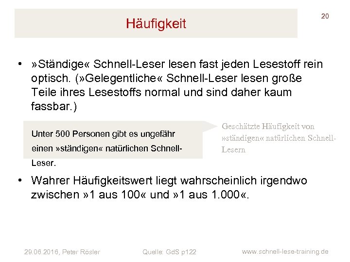 20 Häufigkeit • » Ständige « Schnell-Leser lesen fast jeden Lesestoff rein optisch. (»