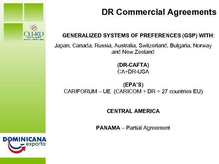 DR Commercial Agreements GENERALIZED SYSTEMS OF PREFERENCES (GSP) WITH: Japan, Canada, Russia, Australia, Switzerland,