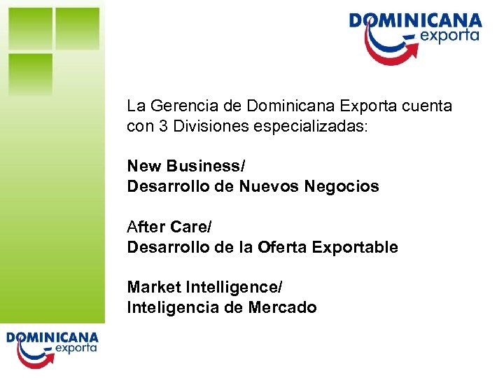 La Gerencia de Dominicana Exporta cuenta con 3 Divisiones especializadas: New Business/ Desarrollo de