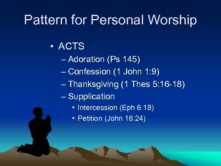 Pattern for Personal Worship • ACTS – Adoration (Ps 145) – Confession (1 John