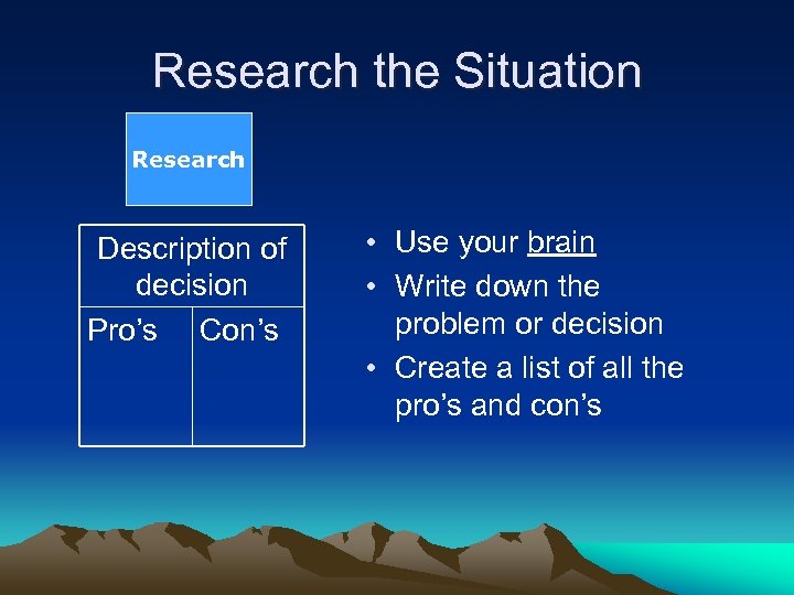 Research the Situation Research Description of decision Pro’s Con’s • Use your brain •