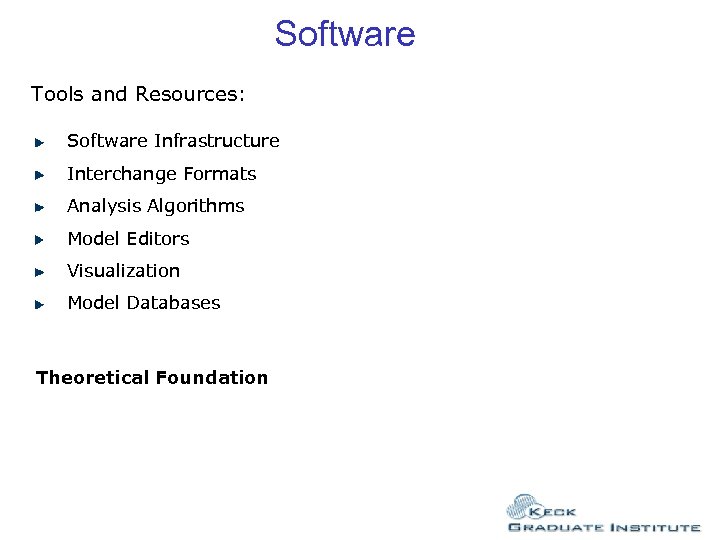 Software Tools and Resources: Software Infrastructure Interchange Formats Analysis Algorithms Model Editors Visualization Model