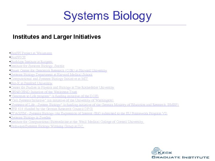 Systems Biology Institutes and Larger Initiatives • Bio. SPI Project at Weizmann • Bio.