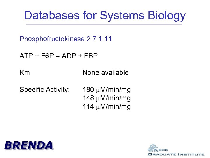 Databases for Systems Biology Phosphofructokinase 2. 7. 1. 11 ATP + F 6 P