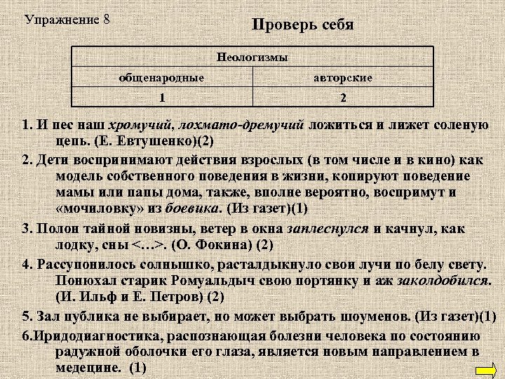 Упражнение 8 Проверь себя Неологизмы общенародные авторские 1 2 1. И пес наш хромучий,