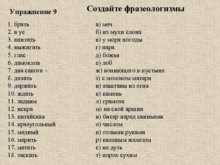 Упражнение 9 1. брать 2. в ус 3. впитать 4. выжигать 5. глас 6.