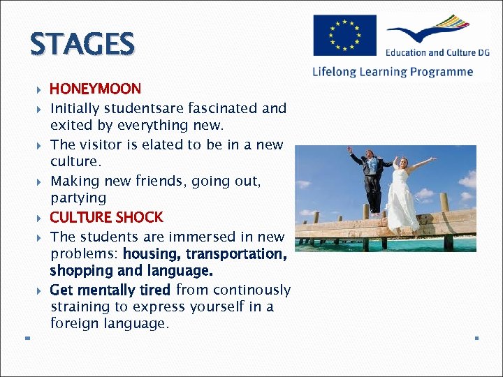 STAGES HONEYMOON Initially studentsare fascinated and exited by everything new. The visitor is elated