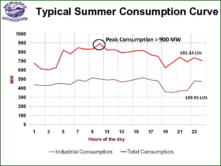 Typical Summer Consumption Curve MW Peak Consumption > 900 MW Hours of the day