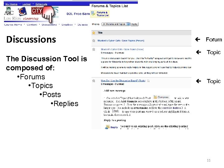 Discussions The Discussion Tool is composed of: • Forums • Topics • Posts •