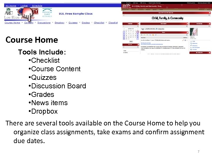 Course Home Tools Include: • Checklist • Course Content • Quizzes • Discussion Board