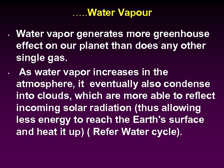 …. . Water Vapour • • Water vapor generates more greenhouse effect on our