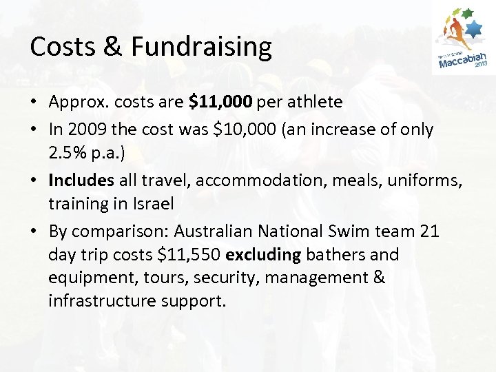 Costs & Fundraising • Approx. costs are $11, 000 per athlete • In 2009
