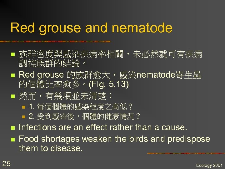 Red grouse and nematode n n n 族群密度與感染疾病率相關，未必然就可有疾病 調控族群的結論。 Red grouse 的族群愈大，感染nematode寄生蟲 的個體比率愈多。(Fig. 5.