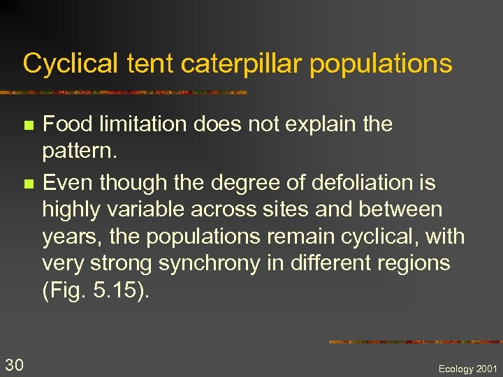 Cyclical tent caterpillar populations n n 30 Food limitation does not explain the pattern.