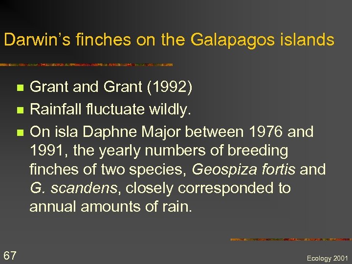 Darwin’s finches on the Galapagos islands n n n 67 Grant and Grant (1992)