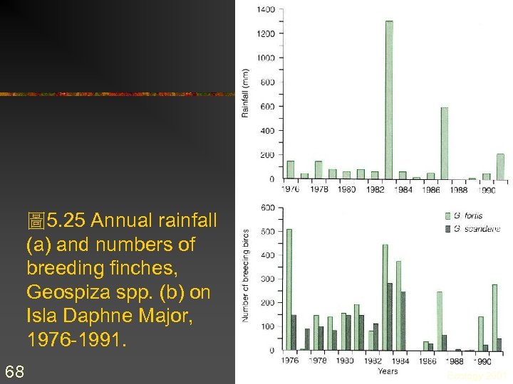 圖 5. 25 Annual rainfall (a) and numbers of breeding finches, Geospiza spp. (b)