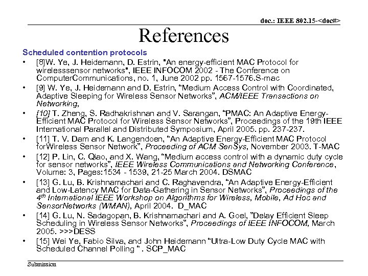 References doc. : IEEE 802. 15 -<doc#> Scheduled contention protocols • [8]W. Ye, J.