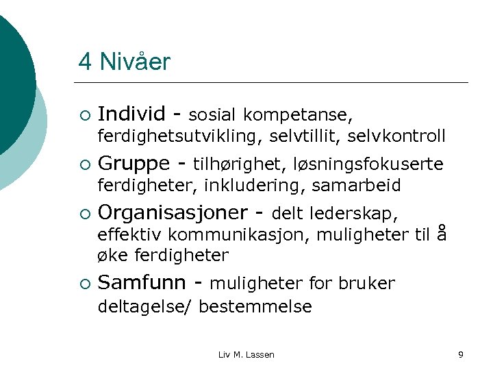 4 Nivåer ¡ Individ - sosial kompetanse, ferdighetsutvikling, selvtillit, selvkontroll ¡ Gruppe - tilhørighet,