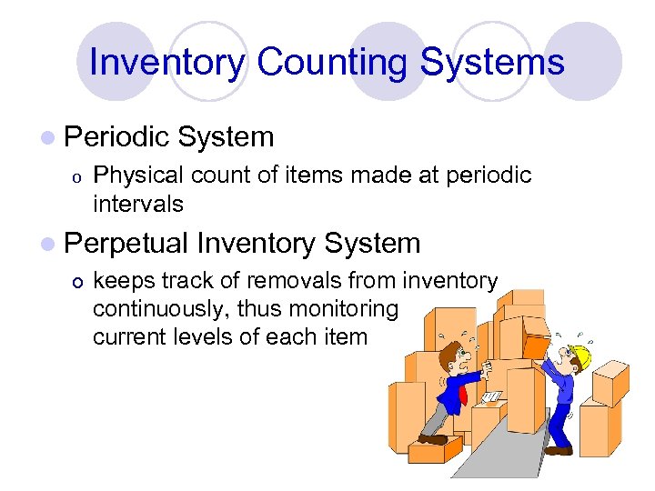 Inventory Counting Systems l Periodic o System Physical count of items made at periodic