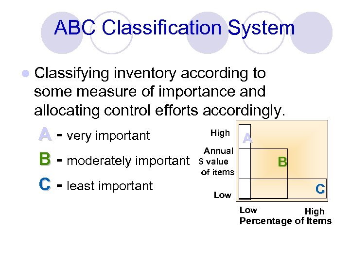 ABC Classification System l Classifying inventory according to some measure of importance and allocating