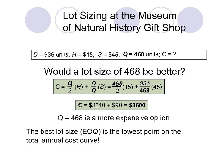 Lot Sizing at the Museum of Natural History Gift Shop Q = 468 units;