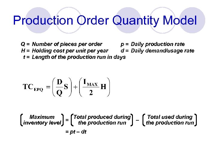 Production Order Quantity Model Q = Number of pieces per order p = Daily