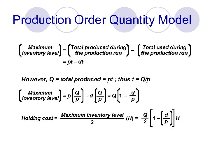 Production Order Quantity Model Total produced during Maximum = – the production run inventory