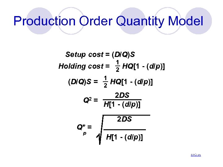 Production Order Quantity Model Setup cost = (D/Q)S 1 Holding cost = 2 HQ[1