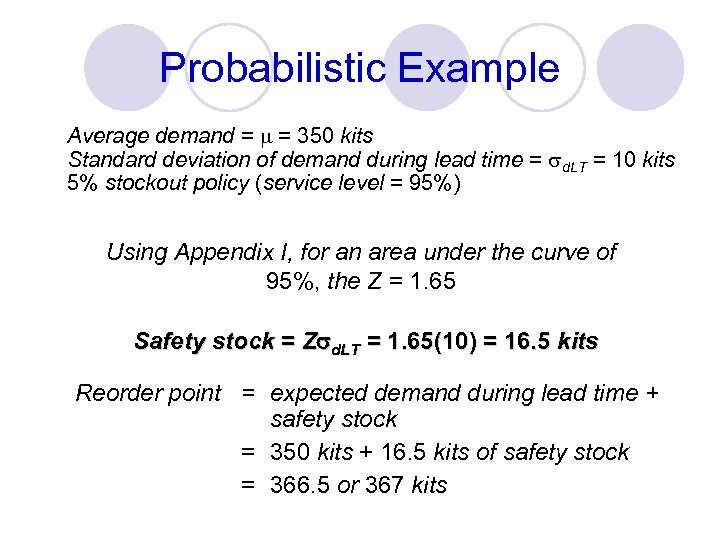 Probabilistic Example Average demand = m = 350 kits Standard deviation of demand during