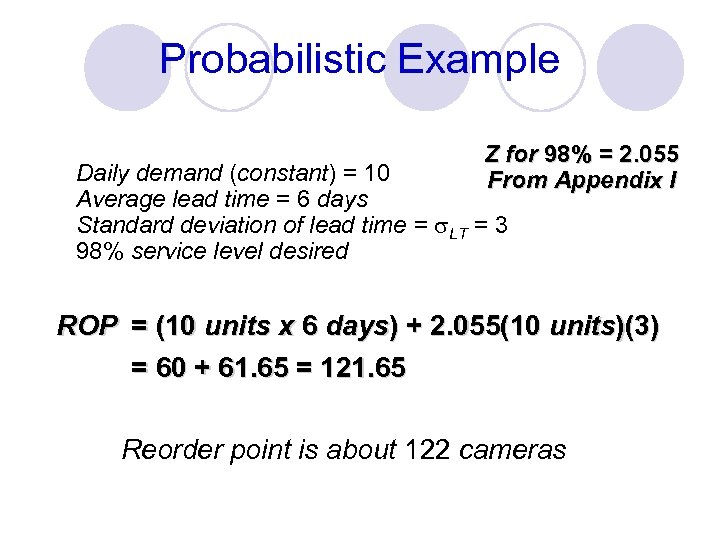 Probabilistic Example Z for 98% = 2. 055 From Appendix I Daily demand (constant)