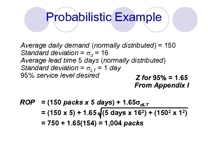 Probabilistic Example Average daily demand (normally distributed) = 150 Standard deviation = sd =