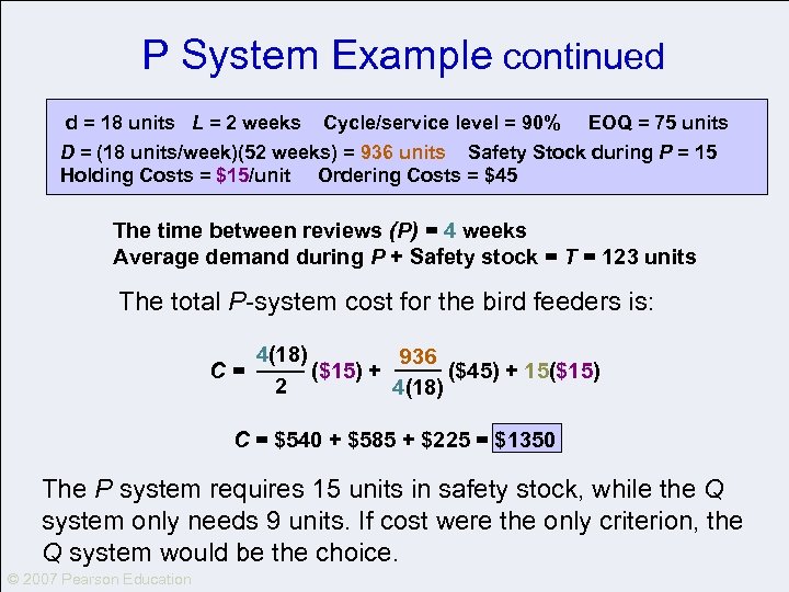 P System Example continued d = 18 units L = 2 weeks Cycle/service level