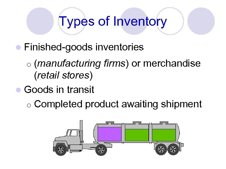 Types of Inventory l Finished-goods inventories (manufacturing firms) or merchandise (retail stores) l Goods