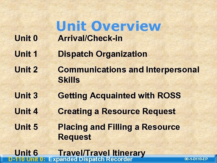 Unit 0 Unit Overview Arrival/Check-in Unit 1 Dispatch Organization Unit 2 Communications and Interpersonal