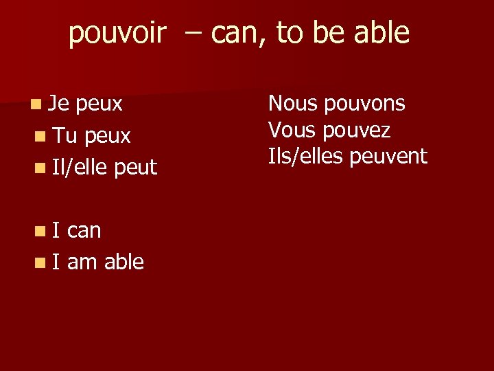 pouvoir – can, to be able n Je peux n Tu peux n Il/elle