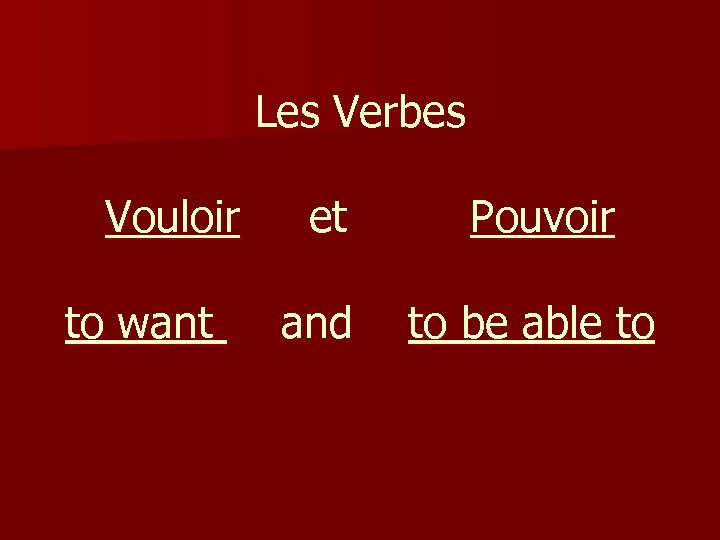 Les Verbes Vouloir to want et Pouvoir and to be able to 