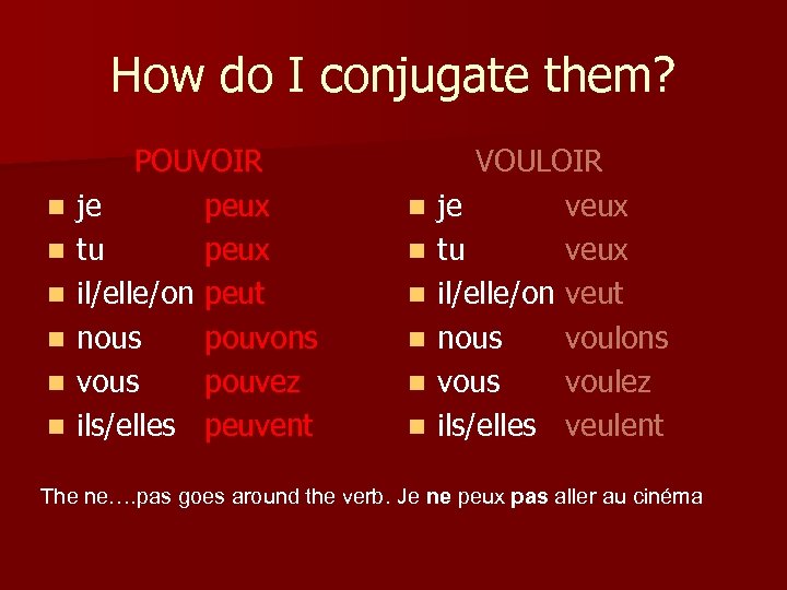 How do I conjugate them? n n n POUVOIR je peux tu peux il/elle/on