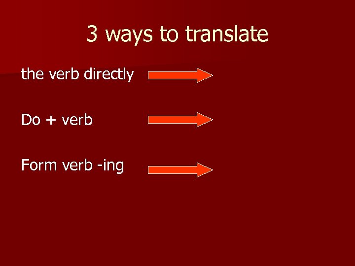 3 ways to translate the verb directly Do + verb Form verb -ing 