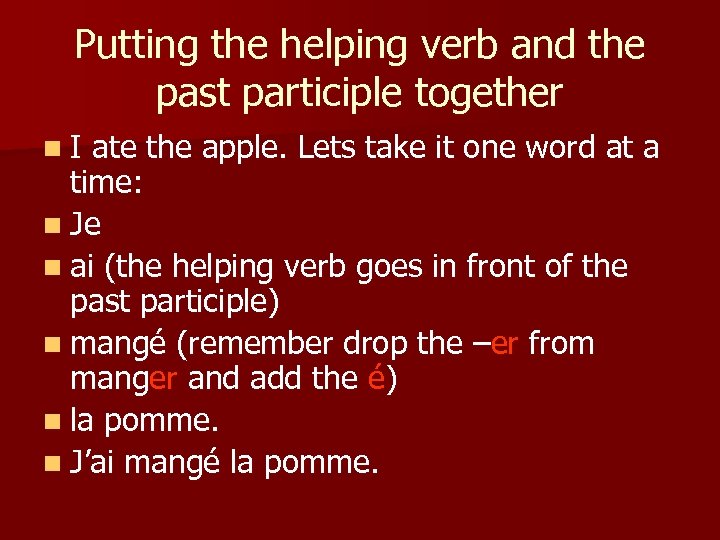 Putting the helping verb and the past participle together n. I ate the apple.