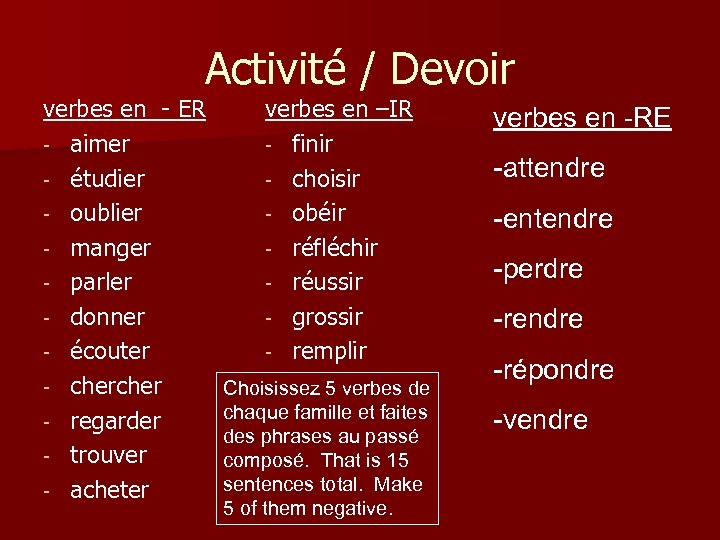 Activité / Devoir verbes en - ER - aimer - étudier - oublier -